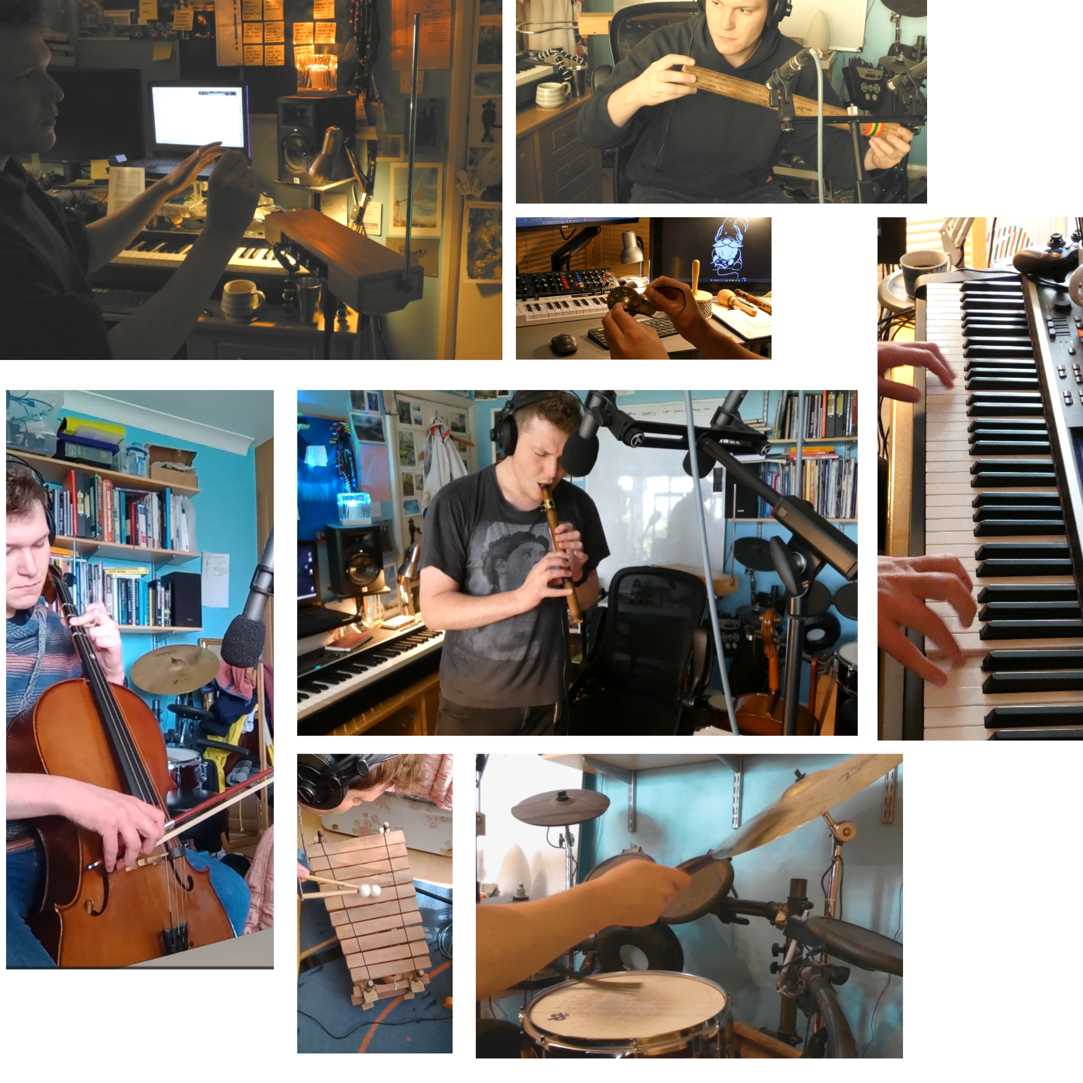 Collage of Felix performing on theremin, cello, rain stick, bamboosax, piano, crotale, african marimba and drumkit.